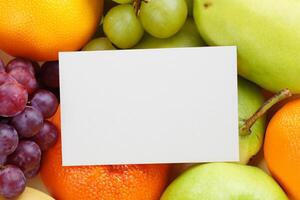 tarjeta y blanco papel Bosquejo armonizado con Fresco fruta, elaboración un visual sinfonía de ingenioso diseño y culinario deleitar, dónde saludable ingredientes unir en un banquete de vibrante imágenes foto