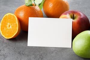 tarjeta y blanco papel Bosquejo armonizado con Fresco fruta, elaboración un visual sinfonía de ingenioso diseño y culinario deleitar, dónde saludable ingredientes unir en un banquete de vibrante imágenes foto