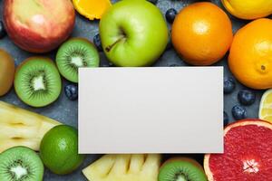 tarjeta y blanco papel Bosquejo armonizado con Fresco fruta, elaboración un visual sinfonía de ingenioso diseño y culinario deleitar, dónde saludable ingredientes unir en un banquete de vibrante imágenes foto