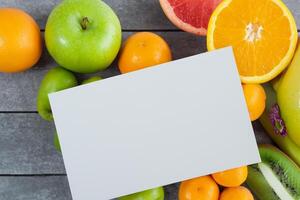 Card and White Paper Mockup Harmonized with Fresh Fruit, Crafting a Visual Symphony of Artful Design and Culinary Delight, Where Wholesome Ingredients Merge in a Feast of Vibrant Imagery photo