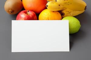 tarjeta y blanco papel Bosquejo armonizado con Fresco fruta, elaboración un visual sinfonía de ingenioso diseño y culinario deleitar, dónde saludable ingredientes unir en un banquete de vibrante imágenes foto