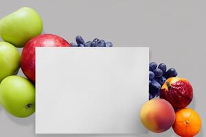 tarjeta y blanco papel Bosquejo armonizado con Fresco fruta, elaboración un visual sinfonía de ingenioso diseño y culinario deleitar, dónde saludable ingredientes unir en un banquete de vibrante imágenes foto