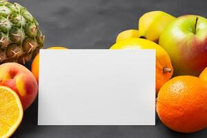 Card and White Paper Mockup Harmonized with Fresh Fruit, Crafting a Visual Symphony of Artful Design and Culinary Delight, Where Wholesome Ingredients Merge in a Feast of Vibrant Imagery photo