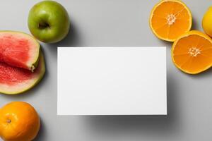 tarjeta y blanco papel Bosquejo armonizado con Fresco fruta, elaboración un visual sinfonía de ingenioso diseño y culinario deleitar, dónde saludable ingredientes unir en un banquete de vibrante imágenes foto