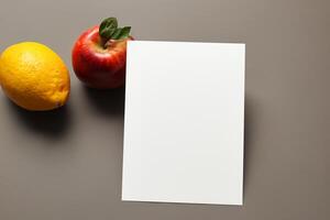 tarjeta y blanco papel Bosquejo armonizado con Fresco fruta, elaboración un visual sinfonía de ingenioso diseño y culinario deleitar, dónde saludable ingredientes unir en un banquete de vibrante imágenes foto