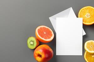 tarjeta y blanco papel Bosquejo armonizado con Fresco fruta, elaboración un visual sinfonía de ingenioso diseño y culinario deleitar, dónde saludable ingredientes unir en un banquete de vibrante imágenes foto