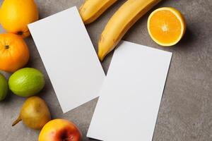 Card and White Paper Mockup Harmonized with Fresh Fruit, Crafting a Visual Symphony of Artful Design and Culinary Delight, Where Wholesome Ingredients Merge in a Feast of Vibrant Imagery photo