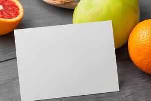 tarjeta y blanco papel Bosquejo armonizado con Fresco fruta, elaboración un visual sinfonía de ingenioso diseño y culinario deleitar, dónde saludable ingredientes unir en un banquete de vibrante imágenes foto