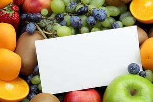 Card and White Paper Mockup Harmonized with Fresh Fruit, Crafting a Visual Symphony of Artful Design and Culinary Delight, Where Wholesome Ingredients Merge in a Feast of Vibrant Imagery photo