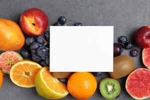 tarjeta y blanco papel Bosquejo armonizado con Fresco fruta, elaboración un visual sinfonía de ingenioso diseño y culinario deleitar, dónde saludable ingredientes unir en un banquete de vibrante imágenes foto