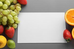 tarjeta y blanco papel Bosquejo armonizado con Fresco fruta, elaboración un visual sinfonía de ingenioso diseño y culinario deleitar, dónde saludable ingredientes unir en un banquete de vibrante imágenes foto