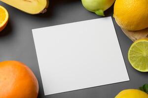 tarjeta y blanco papel Bosquejo armonizado con Fresco fruta, elaboración un visual sinfonía de ingenioso diseño y culinario deleitar, dónde saludable ingredientes unir en un banquete de vibrante imágenes foto