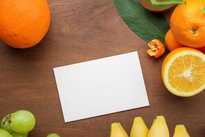 Card and White Paper Mockup Harmonized with Fresh Fruit, Crafting a Visual Symphony of Artful Design and Culinary Delight, Where Wholesome Ingredients Merge in a Feast of Vibrant Imagery photo