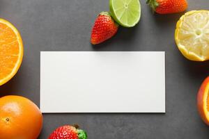 tarjeta y blanco papel Bosquejo armonizado con Fresco fruta, elaboración un visual sinfonía de ingenioso diseño y culinario deleitar, dónde saludable ingredientes unir en un banquete de vibrante imágenes foto