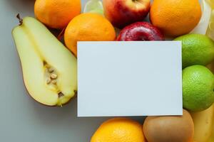 tarjeta y blanco papel Bosquejo armonizado con Fresco fruta, elaboración un visual sinfonía de ingenioso diseño y culinario deleitar, dónde saludable ingredientes unir en un banquete de vibrante imágenes foto