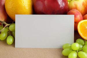 tarjeta y blanco papel Bosquejo armonizado con Fresco fruta, elaboración un visual sinfonía de ingenioso diseño y culinario deleitar, dónde saludable ingredientes unir en un banquete de vibrante imágenes foto