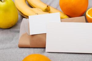 tarjeta y blanco papel Bosquejo armonizado con Fresco fruta, elaboración un visual sinfonía de ingenioso diseño y culinario deleitar, dónde saludable ingredientes unir en un banquete de vibrante imágenes foto