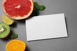 Card and White Paper Mockup Harmonized with Fresh Fruit, Crafting a Visual Symphony of Artful Design and Culinary Delight, Where Wholesome Ingredients Merge in a Feast of Vibrant Imagery photo