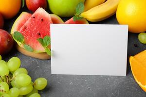 tarjeta y blanco papel Bosquejo armonizado con Fresco fruta, elaboración un visual sinfonía de ingenioso diseño y culinario deleitar, dónde saludable ingredientes unir en un banquete de vibrante imágenes foto