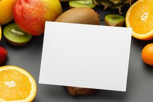 tarjeta y blanco papel Bosquejo armonizado con Fresco fruta, elaboración un visual sinfonía de ingenioso diseño y culinario deleitar, dónde saludable ingredientes unir en un banquete de vibrante imágenes foto