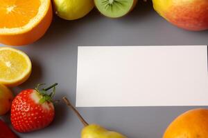 tarjeta y blanco papel Bosquejo armonizado con Fresco fruta, elaboración un visual sinfonía de ingenioso diseño y culinario deleitar, dónde saludable ingredientes unir en un banquete de vibrante imágenes foto