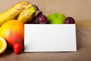 Card and White Paper Mockup Harmonized with Fresh Fruit, Crafting a Visual Symphony of Artful Design and Culinary Delight, Where Wholesome Ingredients Merge in a Feast of Vibrant Imagery photo