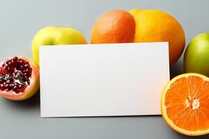 Card and White Paper Mockup Harmonized with Fresh Fruit, Crafting a Visual Symphony of Artful Design and Culinary Delight, Where Wholesome Ingredients Merge in a Feast of Vibrant Imagery photo