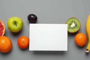 Card and White Paper Mockup Harmonized with Fresh Fruit, Crafting a Visual Symphony of Artful Design and Culinary Delight, Where Wholesome Ingredients Merge in a Feast of Vibrant Imagery photo