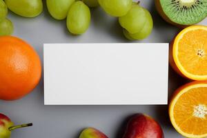 Card and White Paper Mockup Harmonized with Fresh Fruit, Crafting a Visual Symphony of Artful Design and Culinary Delight, Where Wholesome Ingredients Merge in a Feast of Vibrant Imagery photo