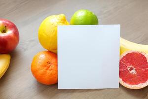 tarjeta y blanco papel Bosquejo armonizado con Fresco fruta, elaboración un visual sinfonía de ingenioso diseño y culinario deleitar, dónde saludable ingredientes unir en un banquete de vibrante imágenes foto