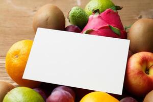 tarjeta y blanco papel Bosquejo armonizado con Fresco fruta, elaboración un visual sinfonía de ingenioso diseño y culinario deleitar, dónde saludable ingredientes unir en un banquete de vibrante imágenes foto