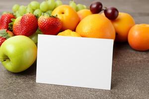 Card and White Paper Mockup Harmonized with Fresh Fruit, Crafting a Visual Symphony of Artful Design and Culinary Delight, Where Wholesome Ingredients Merge in a Feast of Vibrant Imagery photo