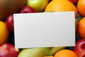 tarjeta y blanco papel Bosquejo armonizado con Fresco fruta, elaboración un visual sinfonía de ingenioso diseño y culinario deleitar, dónde saludable ingredientes unir en un banquete de vibrante imágenes foto