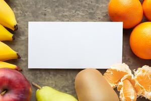 tarjeta y blanco papel Bosquejo armonizado con Fresco fruta, elaboración un visual sinfonía de ingenioso diseño y culinario deleitar, dónde saludable ingredientes unir en un banquete de vibrante imágenes foto