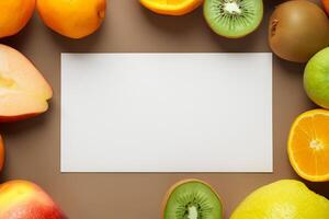 tarjeta y blanco papel Bosquejo armonizado con Fresco fruta, elaboración un visual sinfonía de ingenioso diseño y culinario deleitar, dónde saludable ingredientes unir en un banquete de vibrante imágenes foto