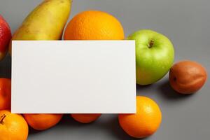 tarjeta y blanco papel Bosquejo armonizado con Fresco fruta, elaboración un visual sinfonía de ingenioso diseño y culinario deleitar, dónde saludable ingredientes unir en un banquete de vibrante imágenes foto