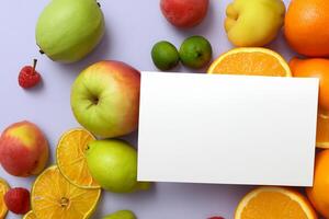 tarjeta y blanco papel Bosquejo armonizado con Fresco fruta, elaboración un visual sinfonía de ingenioso diseño y culinario deleitar, dónde saludable ingredientes unir en un banquete de vibrante imágenes foto