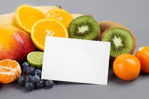 Card and White Paper Mockup Harmonized with Fresh Fruit, Crafting a Visual Symphony of Artful Design and Culinary Delight, Where Wholesome Ingredients Merge in a Feast of Vibrant Imagery photo