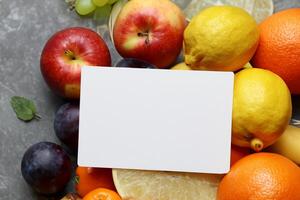 tarjeta y blanco papel Bosquejo armonizado con Fresco fruta, elaboración un visual sinfonía de ingenioso diseño y culinario deleitar, dónde saludable ingredientes unir en un banquete de vibrante imágenes foto