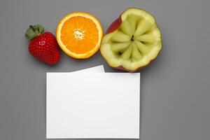 tarjeta y blanco papel Bosquejo armonizado con Fresco fruta, elaboración un visual sinfonía de ingenioso diseño y culinario deleitar, dónde saludable ingredientes unir en un banquete de vibrante imágenes foto