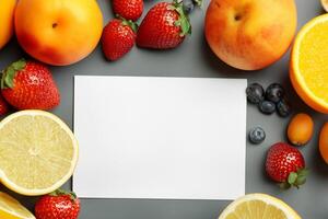 tarjeta y blanco papel Bosquejo armonizado con Fresco fruta, elaboración un visual sinfonía de ingenioso diseño y culinario deleitar, dónde saludable ingredientes unir en un banquete de vibrante imágenes foto