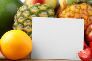 tarjeta y blanco papel Bosquejo armonizado con Fresco fruta, elaboración un visual sinfonía de ingenioso diseño y culinario deleitar, dónde saludable ingredientes unir en un banquete de vibrante imágenes foto