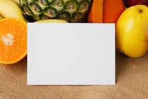 tarjeta y blanco papel Bosquejo armonizado con Fresco fruta, elaboración un visual sinfonía de ingenioso diseño y culinario deleitar, dónde saludable ingredientes unir en un banquete de vibrante imágenes foto