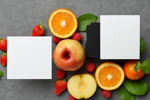 tarjeta y blanco papel Bosquejo armonizado con Fresco fruta, elaboración un visual sinfonía de ingenioso diseño y culinario deleitar, dónde saludable ingredientes unir en un banquete de vibrante imágenes foto