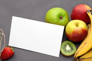 tarjeta y blanco papel Bosquejo armonizado con Fresco fruta, elaboración un visual sinfonía de ingenioso diseño y culinario deleitar, dónde saludable ingredientes unir en un banquete de vibrante imágenes foto