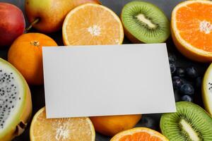 tarjeta y blanco papel Bosquejo armonizado con Fresco fruta, elaboración un visual sinfonía de ingenioso diseño y culinario deleitar, dónde saludable ingredientes unir en un banquete de vibrante imágenes foto