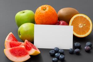 tarjeta y blanco papel Bosquejo armonizado con Fresco fruta, elaboración un visual sinfonía de ingenioso diseño y culinario deleitar, dónde saludable ingredientes unir en un banquete de vibrante imágenes foto