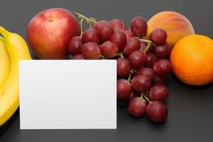 tarjeta y blanco papel Bosquejo armonizado con Fresco fruta, elaboración un visual sinfonía de ingenioso diseño y culinario deleitar, dónde saludable ingredientes unir en un banquete de vibrante imágenes foto