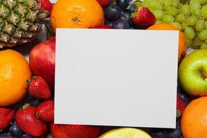 tarjeta y blanco papel Bosquejo armonizado con Fresco fruta, elaboración un visual sinfonía de ingenioso diseño y culinario deleitar, dónde saludable ingredientes unir en un banquete de vibrante imágenes foto