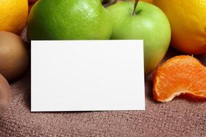 tarjeta y blanco papel Bosquejo armonizado con Fresco fruta, elaboración un visual sinfonía de ingenioso diseño y culinario deleitar, dónde saludable ingredientes unir en un banquete de vibrante imágenes foto